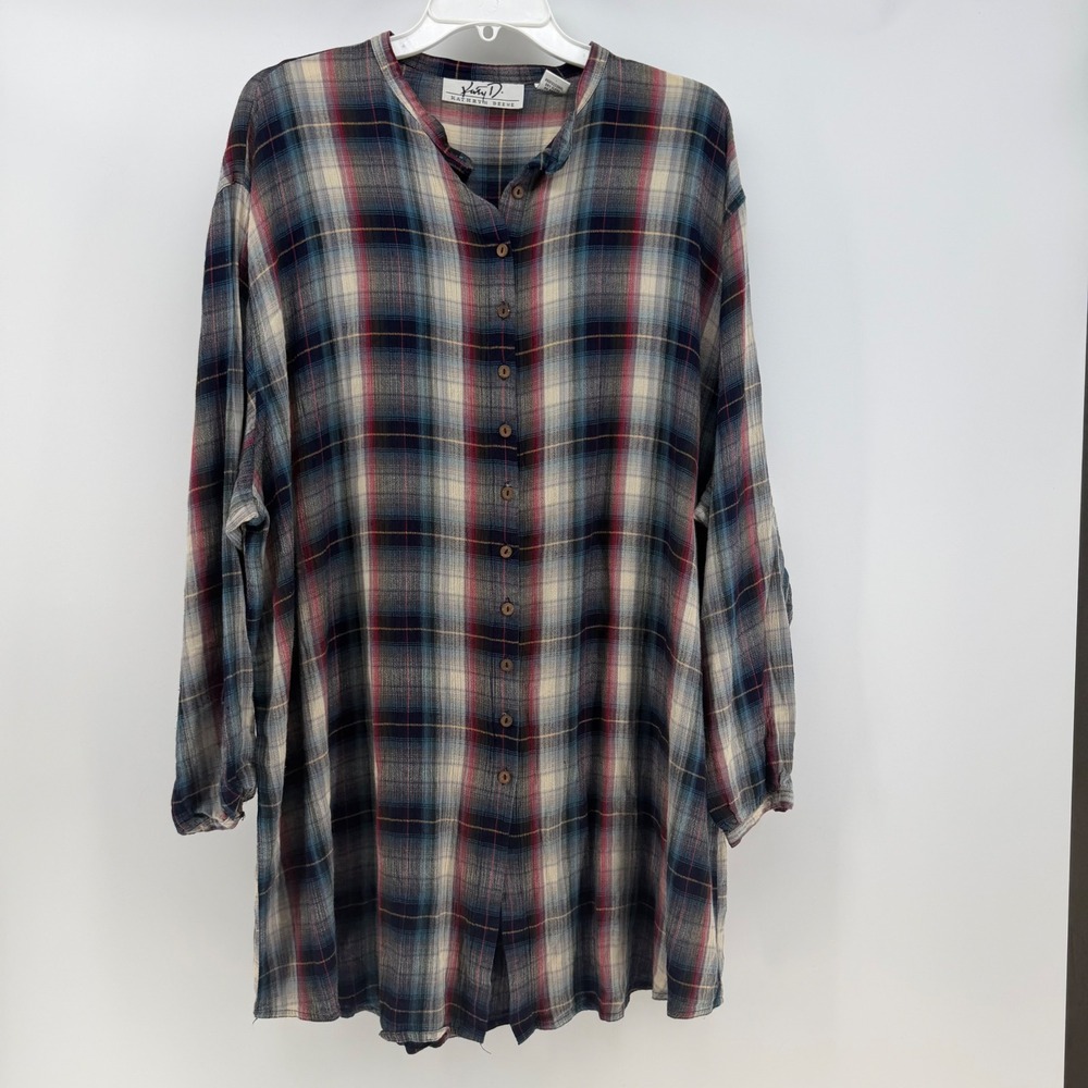 Kathryn Deene Tunic Womens 22/24 Multi Plaid‎ Rayon Long Sleeve Boho Coastal Top